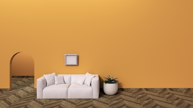 Divano color crema nell'interno del soggiorno con piante, pareti arancioni e parquet