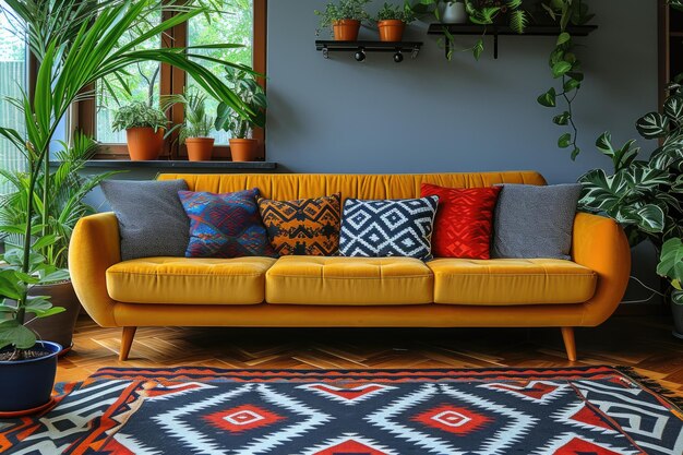 divano colorato e cuscini in un accogliente soggiorno con idee di ispirazione in stile scandinavo
