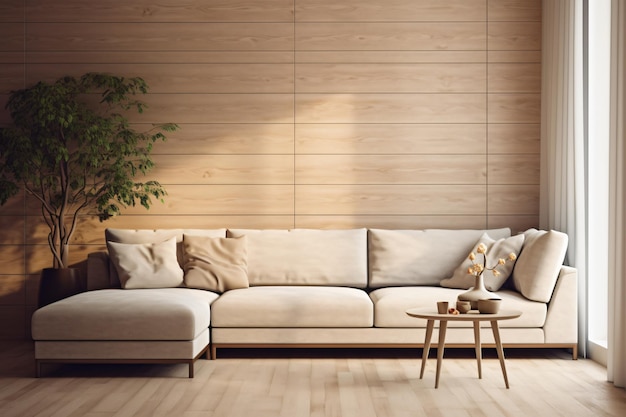 Divano d'angolo beige contro parete di pannelli in legno Parete laterale in pietra Interno minimalista contemporaneo