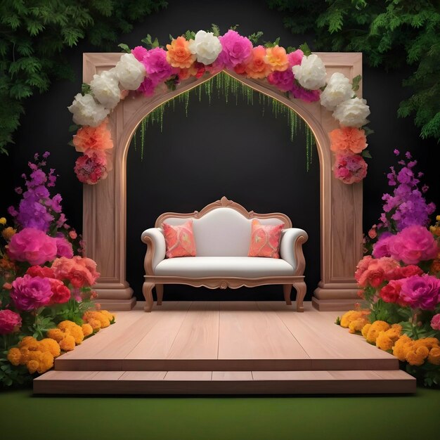 Divano di lusso adornato con fiori da matrimonio colorati sul palco di legno del matrimonio islamico