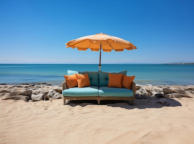 Divano e ombrello sulla spiaggia di sabbia con il mare e lo sfondo del cielo blu