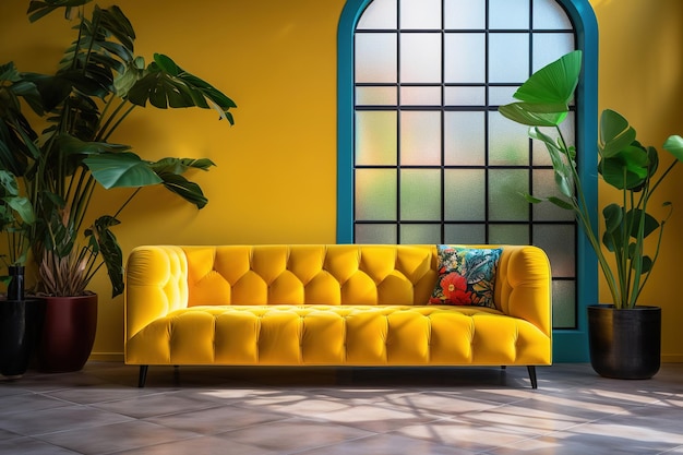Divano giallo con pareti gialle e piante tropicali Soggiorno moderno dal design interno