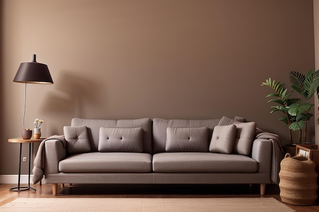 Divano grigio in soggiorno marrone con spazio per fotocopie