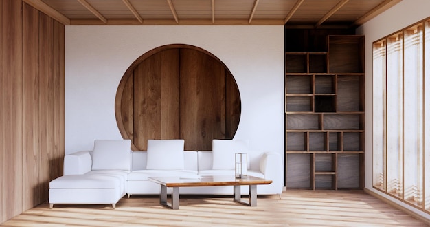 Divano in camera con interni tropicali con pavimento in tatami e rendering wall3D bianco