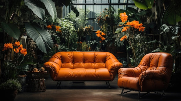 divano in pelle design verde giungla fondo generativo arancione Ai