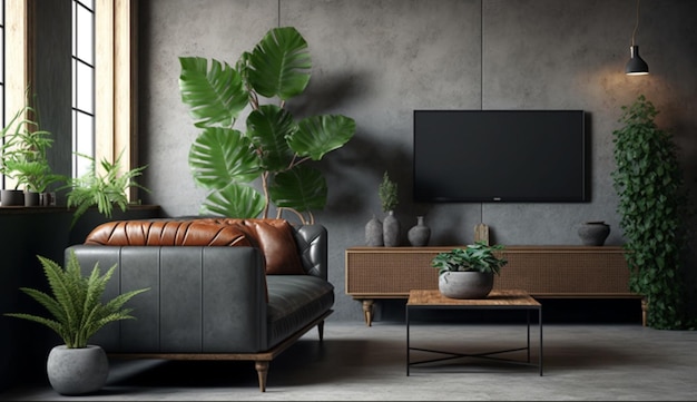 Divano in pelle e tavolo in legno all'interno del soggiorno con muro di cemento vegetale TV Generative AI