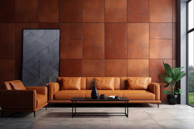 Divano in pelle terracotta con piastrelle in pietra parete pannello 3d Interior design moderno per soggiorno