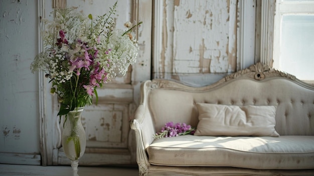Divano interno vintage con un vaso di fiori in stile shabby chic Generative Ai