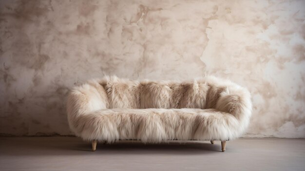 Divano loveseat di pelliccia vicino alla parete vuota di stucco beige