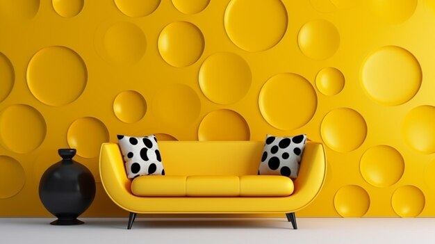 Divano loveseat giallo e tavoli laterali contro il colorato cerchio a pattern sulla parete