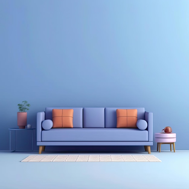 divano minimalista blu e tavolo con abajur isolato in studio realistico