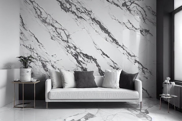Divano moderno su interni vuoti astratti con superficie in marmo