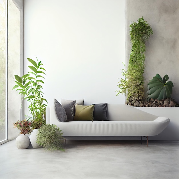 Divano o divano minimalista elegante con pianta e sfondo muro di cemento vuoto