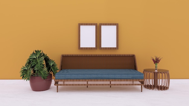 Divano rilassante e tavolino e piante in una sala d'attesa moderna e semplice, rendering di interni 3d
