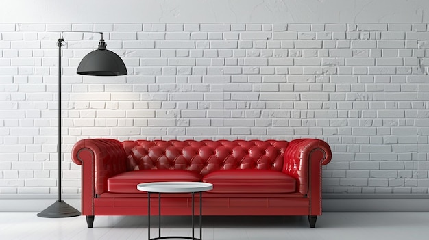 Divano rosso in interno minimalista con lampada e pianta sullo sfondo bianco della parete