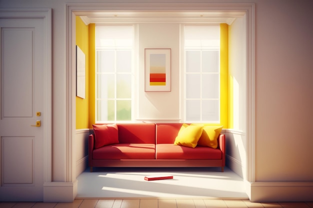 Divano rosso seduto nel soggiorno accanto al muro bianco e alla finestra IA generativa
