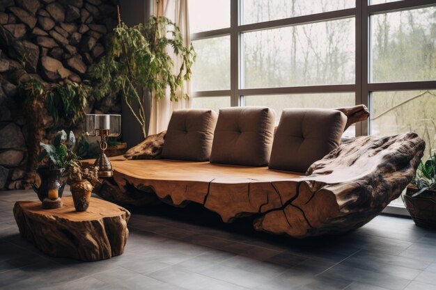 Divano rustico unico fatto a mano in tronco d'albero di legno massiccio Disegno interno di salotto moderno