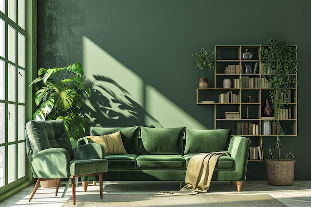 Divano verde e sedia contro parete verde con scaffale per libri design interno della casa scandinava di un soggiorno moderno con verde