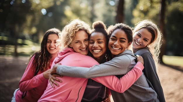 Diversa ragazza in abbigliamento sportivo che abbraccia insieme