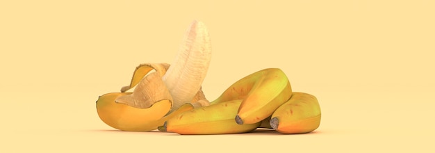 Diverse banane su uno sfondo giallo, illustrazione 3d