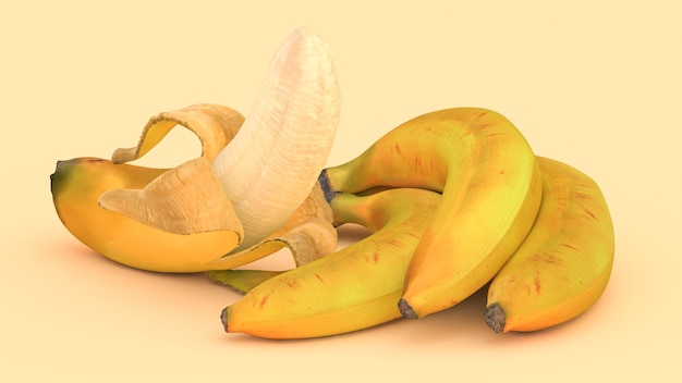 Diverse banane su uno sfondo giallo, illustrazione 3d