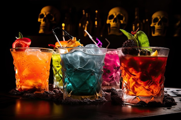 Diverse bevande colorate di Halloween in vetro con cubetti di ghiaccio fumo guarnire frutti di bosco IA generativa