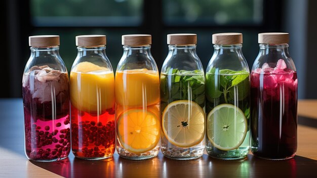 Diverse bevande dietetiche detox in bottiglie di vetro