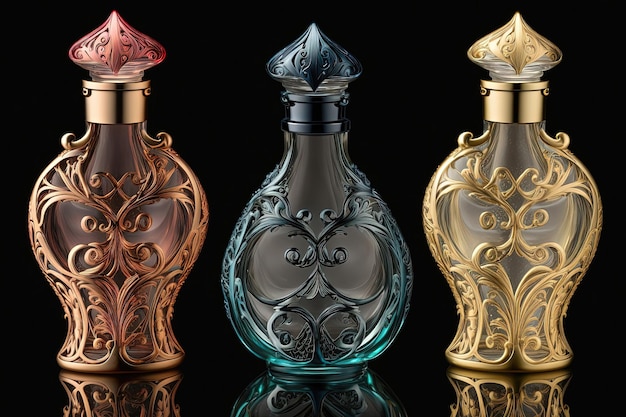 Diverse bottiglie di profumo con design unici e intricati, ognuna caratterizzata da una varietà di forme, colori e motivi IA generativa