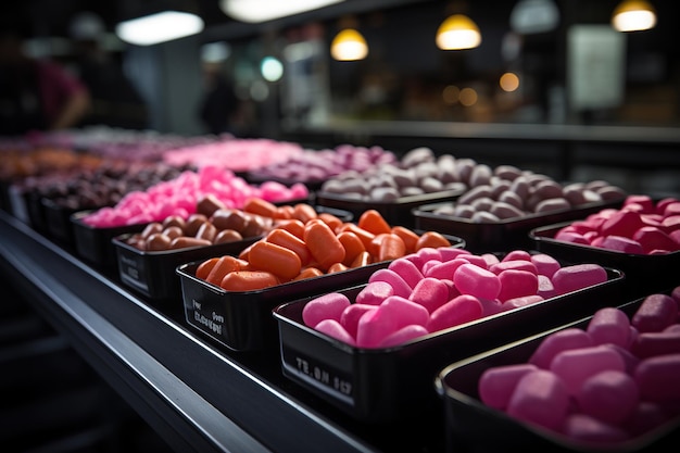 Diverse caramelle gommose di tonalità rosso-arancione e giallo sono esposte in ciotole metalliche sotto le luci luminose del mercato