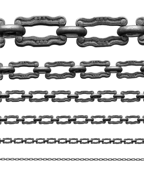 Diverse dimensioni della catena in acciaio inossidabile isolato su sfondo bianco,
