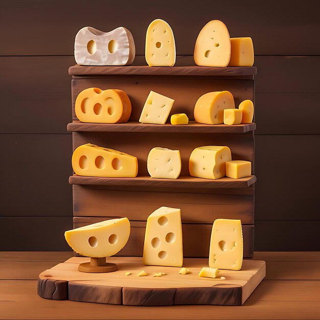 Diverse dimensioni di deliziosi pezzi di formaggio su una vecchia tavola di legno rustica AI generativa