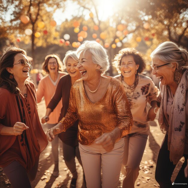 Diverse donne anziane felici che ballano insieme in un parco Generative Ai