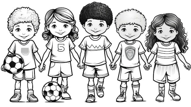 Diverse etnie insieme nelle pagine da colorare di calcio migliori di pagine da colorare per bambini nello stile
