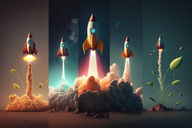 Diverse fasi del lancio di un razzo Concetto delle diverse fasi della crescita di una startup di IA