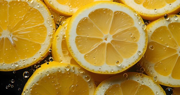 diverse fette di limoni con gocce d'acqua sul giallo