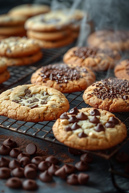 Diverse forme e dimensioni di biscotti appena cotti disposti su una piattaforma di raffreddamento a filo