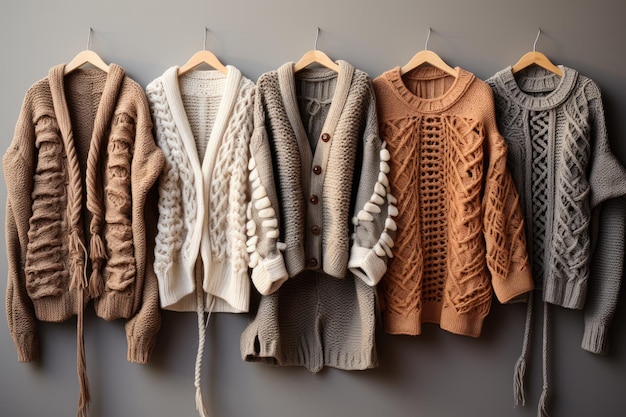 diverse giacche lavorate a maglia alla moda e alla moda ricoprono abiti invernali da donna dai toni caldi e neutri colorati