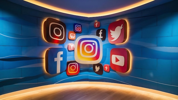 Diverse icone dei social media sulla parete dipinta di blu