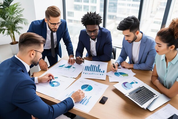 Diverse imprese multietniche lavoro di squadra lavoro eccessivo nella sala riunioni dell'ufficio che analizza i grafici finanziari