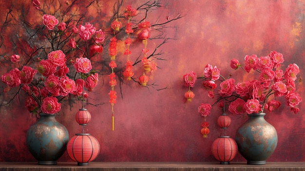 Diverse lanterne appese ad un albero di fiori di ciliegio con fiori rossi Immagine di sfondo per le celebrazioni del Capodanno cinese Generative ai