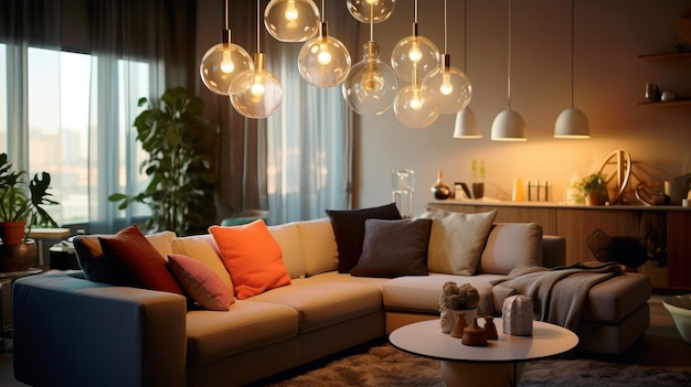 Diverse luci pendenti a forma di globo di vetro con lampade Edison sopra un divano in un accogliente soggiorno elegante design interno moderno con enfasi sull'illuminazione Mockup rendering 3D