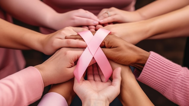 diverse mani che uniscono un nastro sanitario rosa