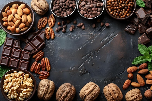 Diverse noci e cioccolato sulla tavola deliziosi cibi naturali