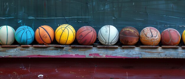 diverse palle da basket allineate su uno scaffale di legno di fronte a un muro generativo ai