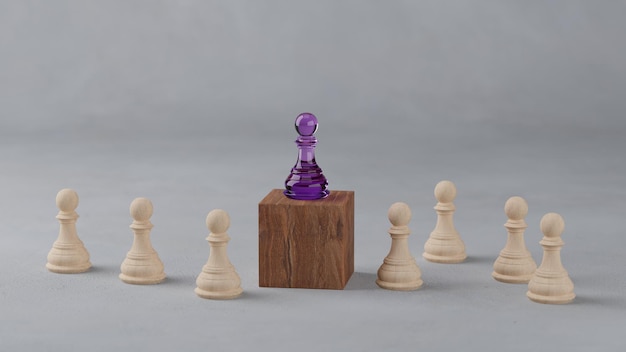 Diverse pedine degli scacchi di legno circondano un altro pezzo degli scacchi viola in piedi su un blocco di legno