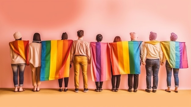 diverse persone che alzano una bandiera arcobaleno in fila generativa ai