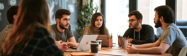 Diverse persone sedute attorno a un tavolo con laptop e giornali