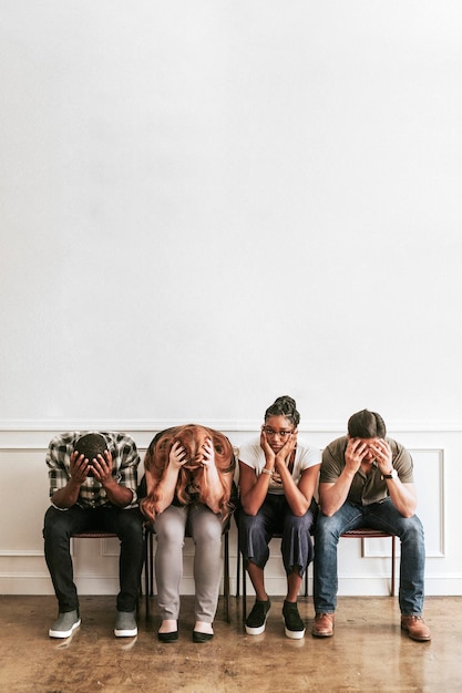 Diverse persone stressate sedute vicino a un muro bianco