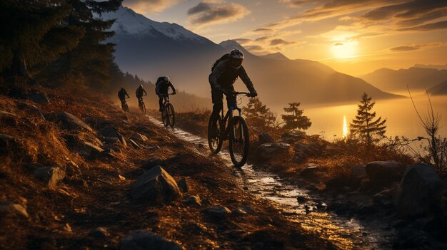 Diverse persone vanno in bicicletta su un sentiero vicino a uno specchio d'acqua generativo ai