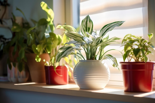 Diverse piante in vaso in moderni vasi bianchi sul davanzale di una finestra in un ufficio moderno Crescita e cura delle piante d'interno